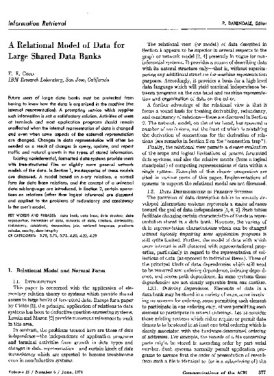 First page of Codd's 1970 paper 'A Relational Model of Data for Large Shared Data Banks'
